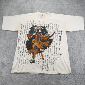 Kanji T Shirt Mens XL Cream Samurai Graphic Japanese Script Made in USA Vintage